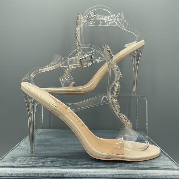 NEW Mackin J Women’s Rhinestone Clear Strap Stiletto Heels Beige Size 11 - Picture 1 of 10
